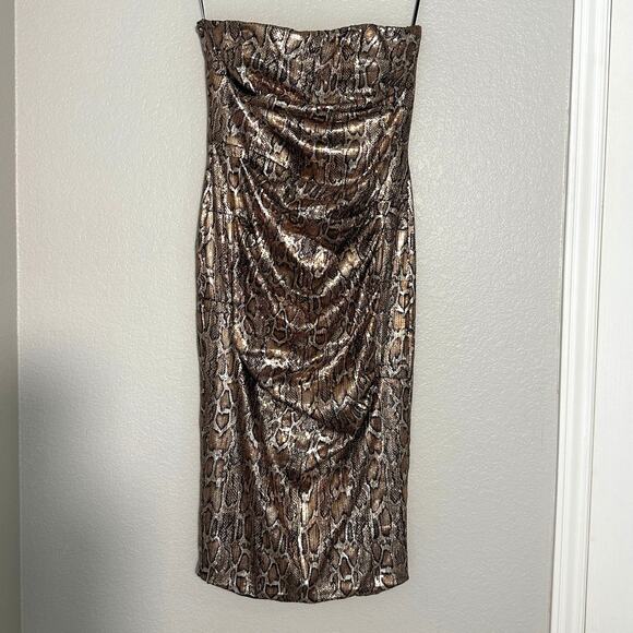 Revolve Nookie Blind Date Midi Dress in Bronze, Strapless Ruched, Size Large - Picture 3 of 12